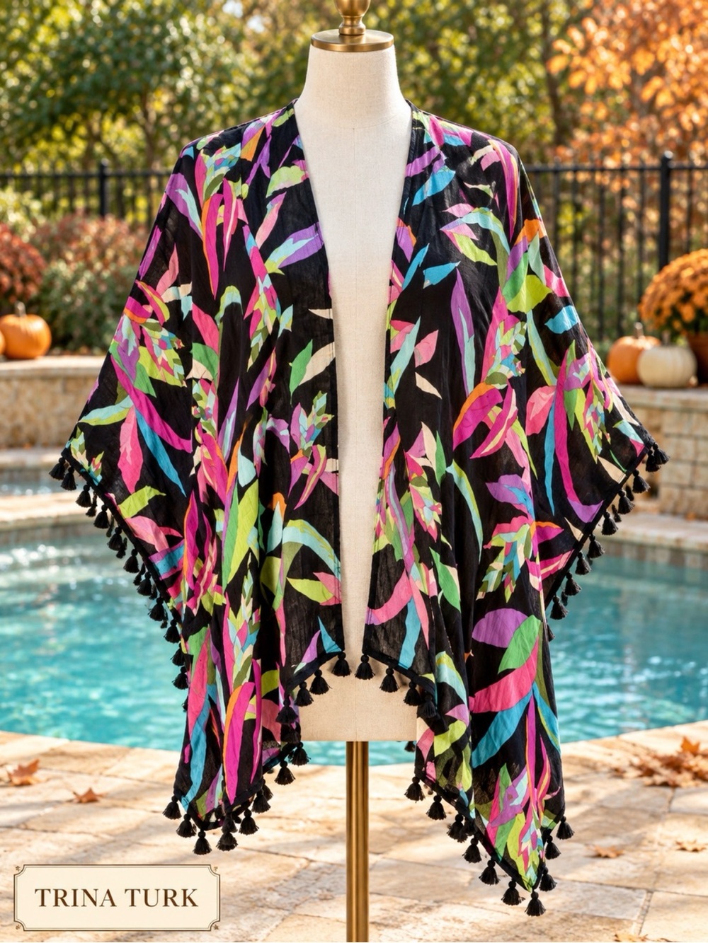 Trina Turk Black Multicolor Leaf-Print Tassel Kimono